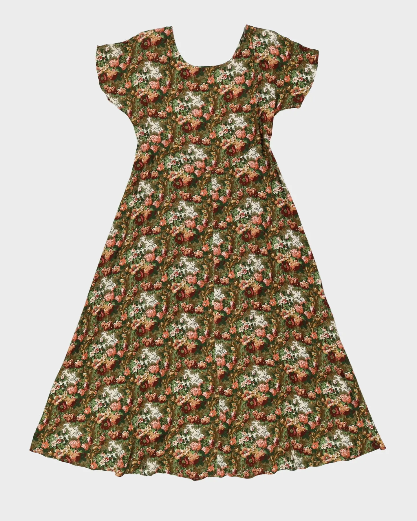 00s Brown And Green Floral Midi Dress - XS