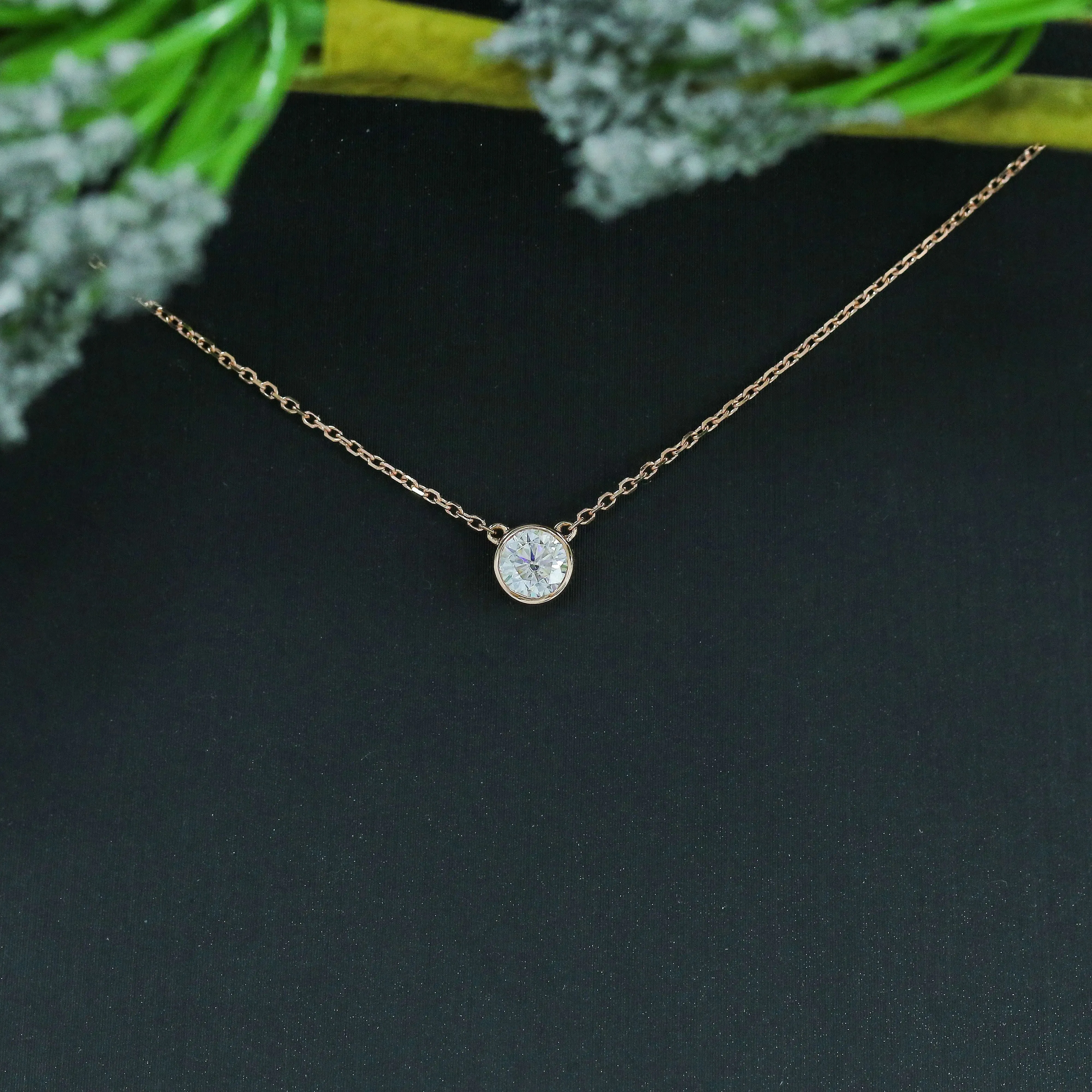 14k Rose / White / Yellow Gold Moissanite Necklace Bezel Set 0.4ct