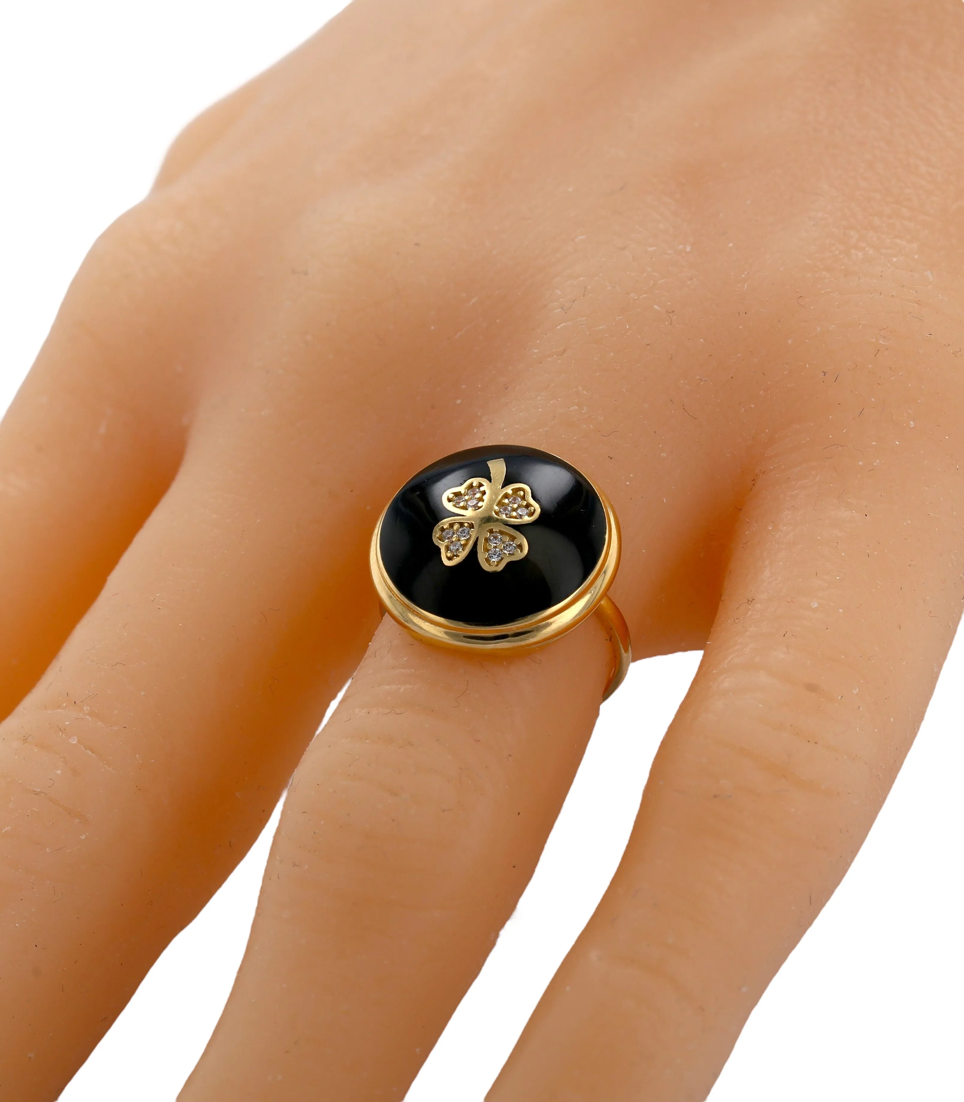 14K Yellow gold onyx clover round ring-222627