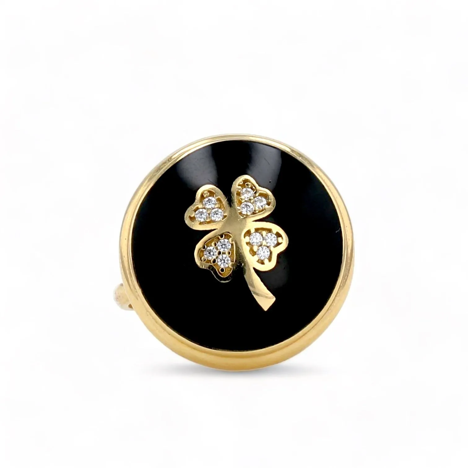 14K Yellow gold onyx clover round ring-222627