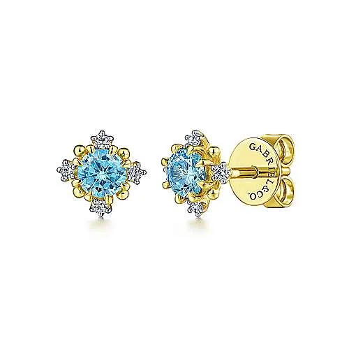 14K Yellow Gold Round Swiss Blue Topaz and Diamond Stud Earrings