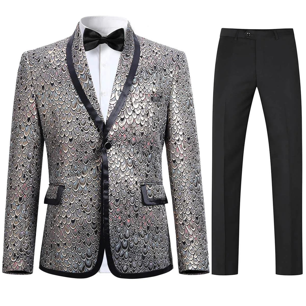 2-Piece Slim Fit Fish Scales Sequin Tan Suit