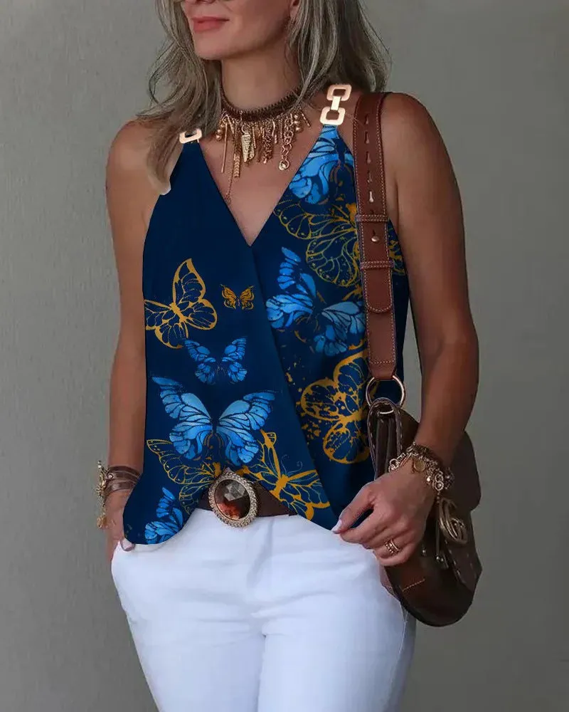 2024 Summer V-neck Metal Buckle Printed Tank Top For Women Loose Sleeveless Pullover Blouse Femme Blusas Camisas Feminina