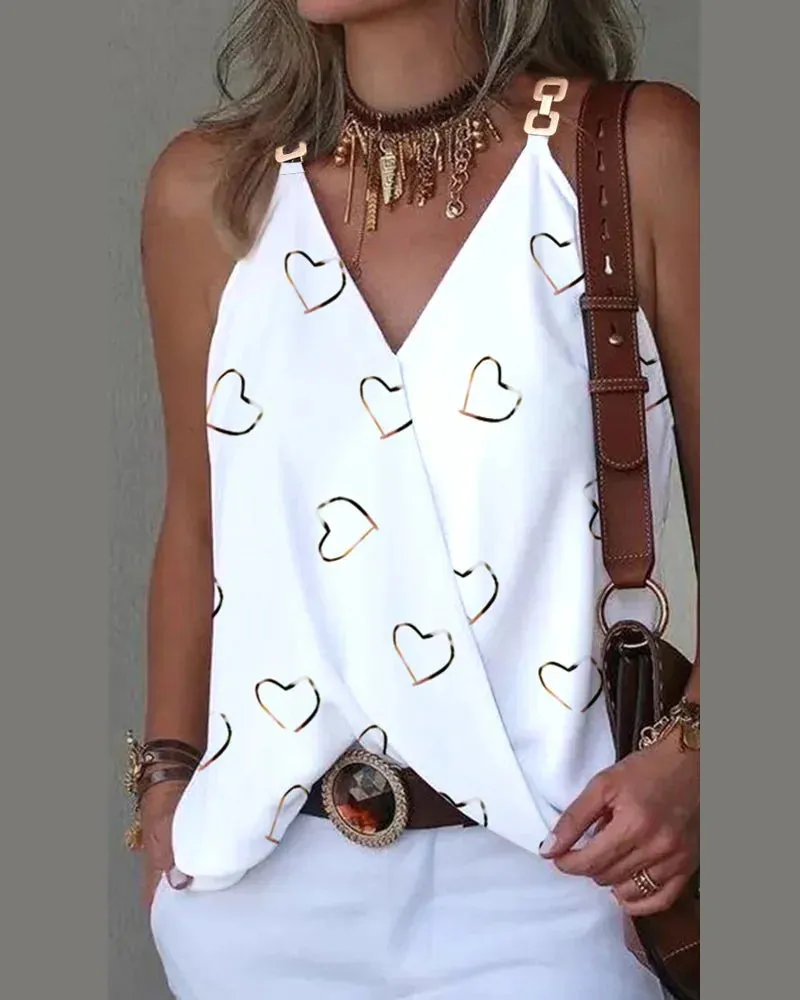 2024 Summer V-neck Metal Buckle Printed Tank Top For Women Loose Sleeveless Pullover Blouse Femme Blusas Camisas Feminina