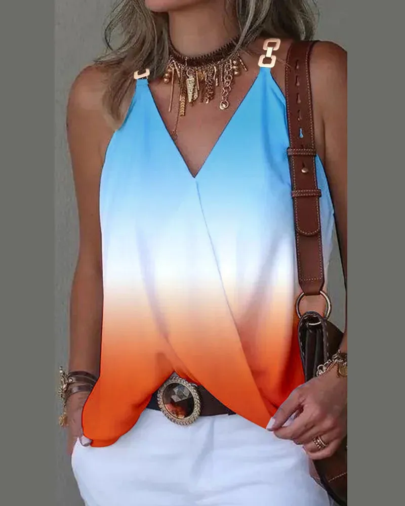 2024 Summer V-neck Metal Buckle Printed Tank Top For Women Loose Sleeveless Pullover Blouse Femme Blusas Camisas Feminina