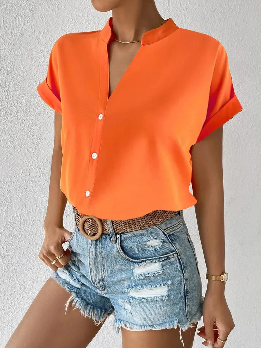 2024 Summer V-neck Women's Shirt Casual Office Lady Solid Color Short Sleeve Single Breasted Elegant Women Blouse Femme Blusas