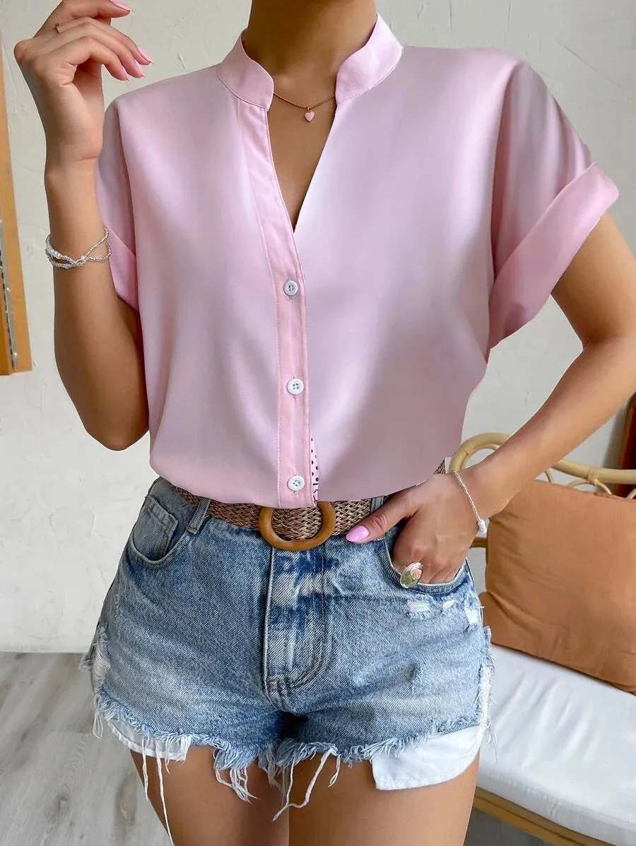 2024 Summer V-neck Women's Shirt Casual Office Lady Solid Color Short Sleeve Single Breasted Elegant Women Blouse Femme Blusas