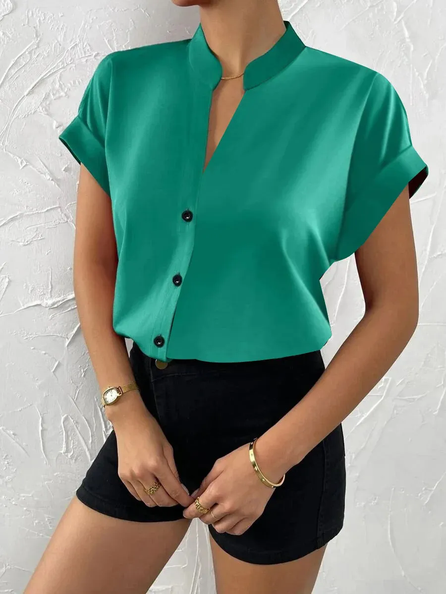 2024 Summer V-neck Women's Shirt Casual Office Lady Solid Color Short Sleeve Single Breasted Elegant Women Blouse Femme Blusas