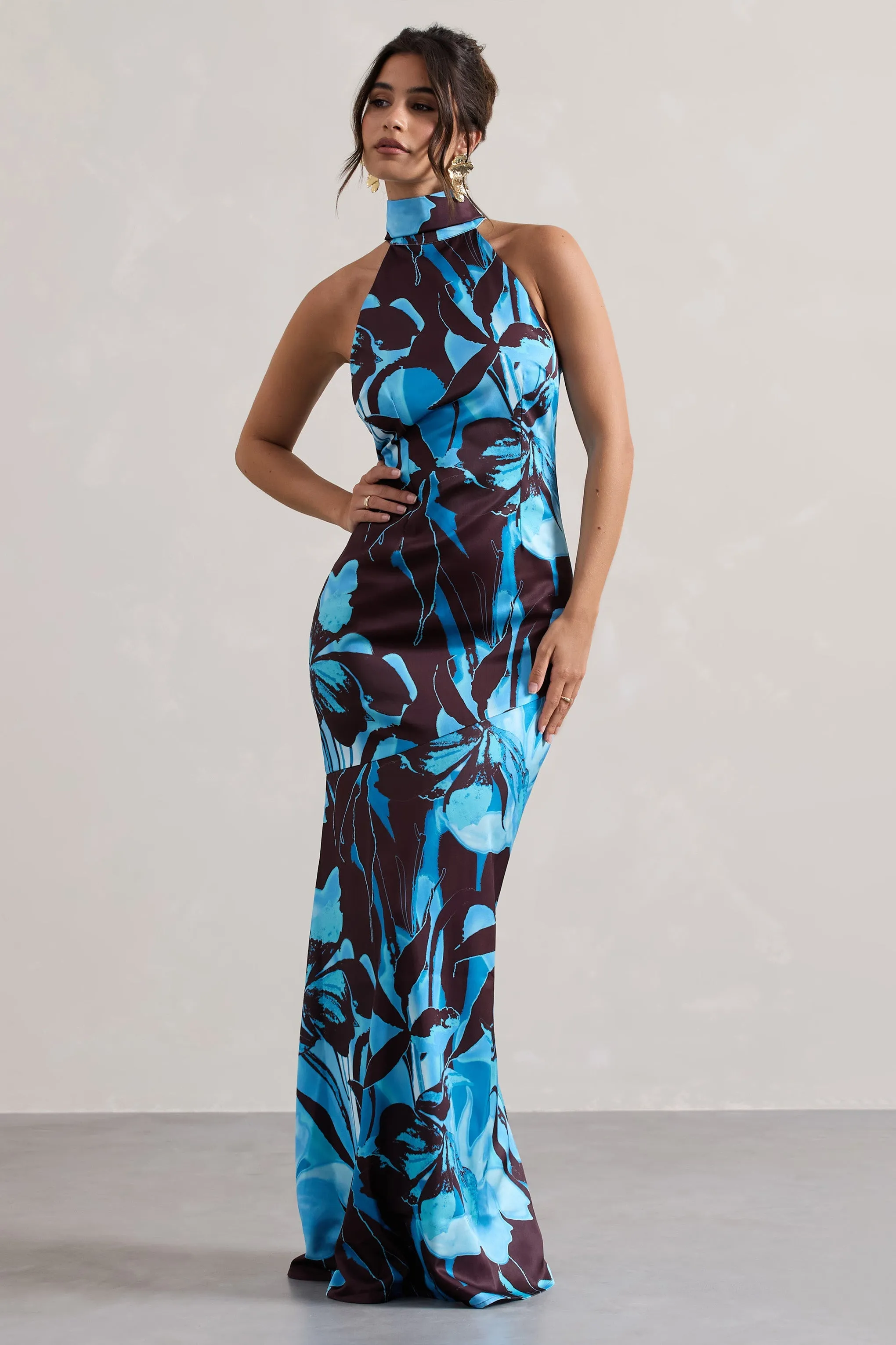 Adoria | Floral Print Satin High-Neck Maxi Dress