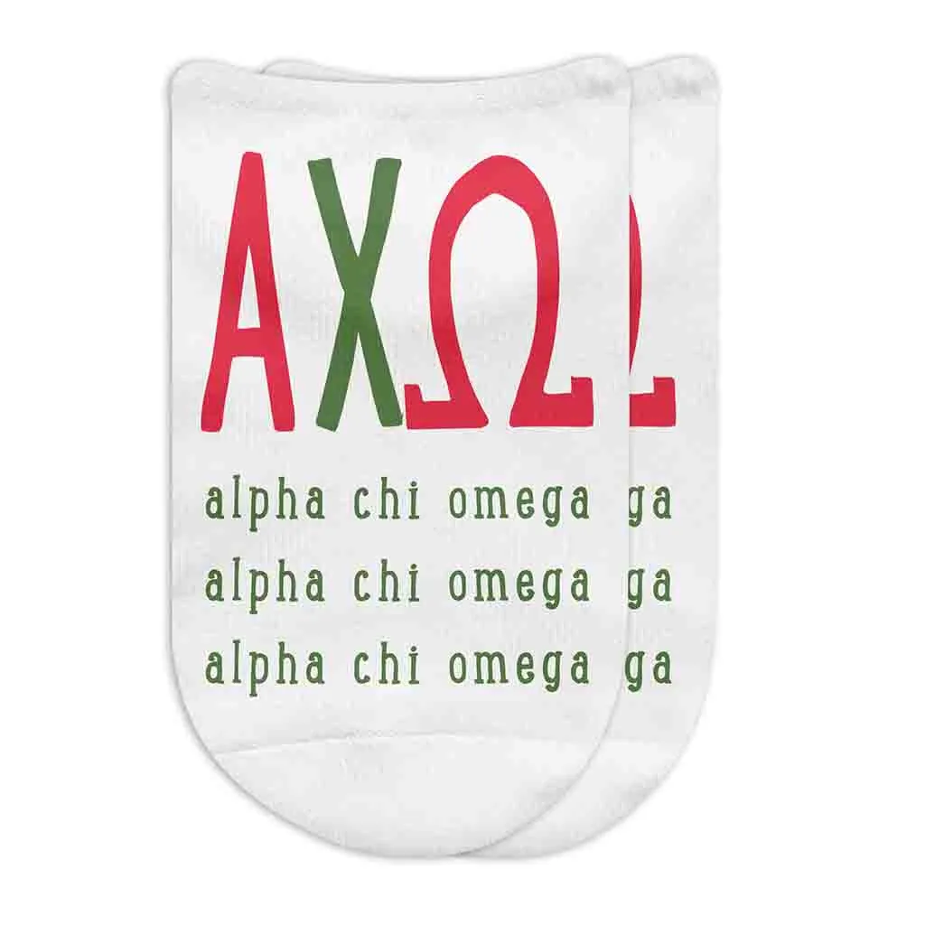 Alpha Chi Omega Sorority Socks with Large Greek Letters, Printed on No Show Socks