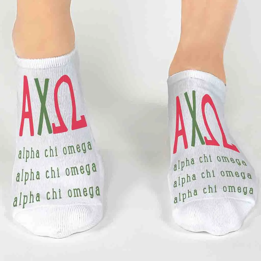 Alpha Chi Omega Sorority Socks with Large Greek Letters, Printed on No Show Socks