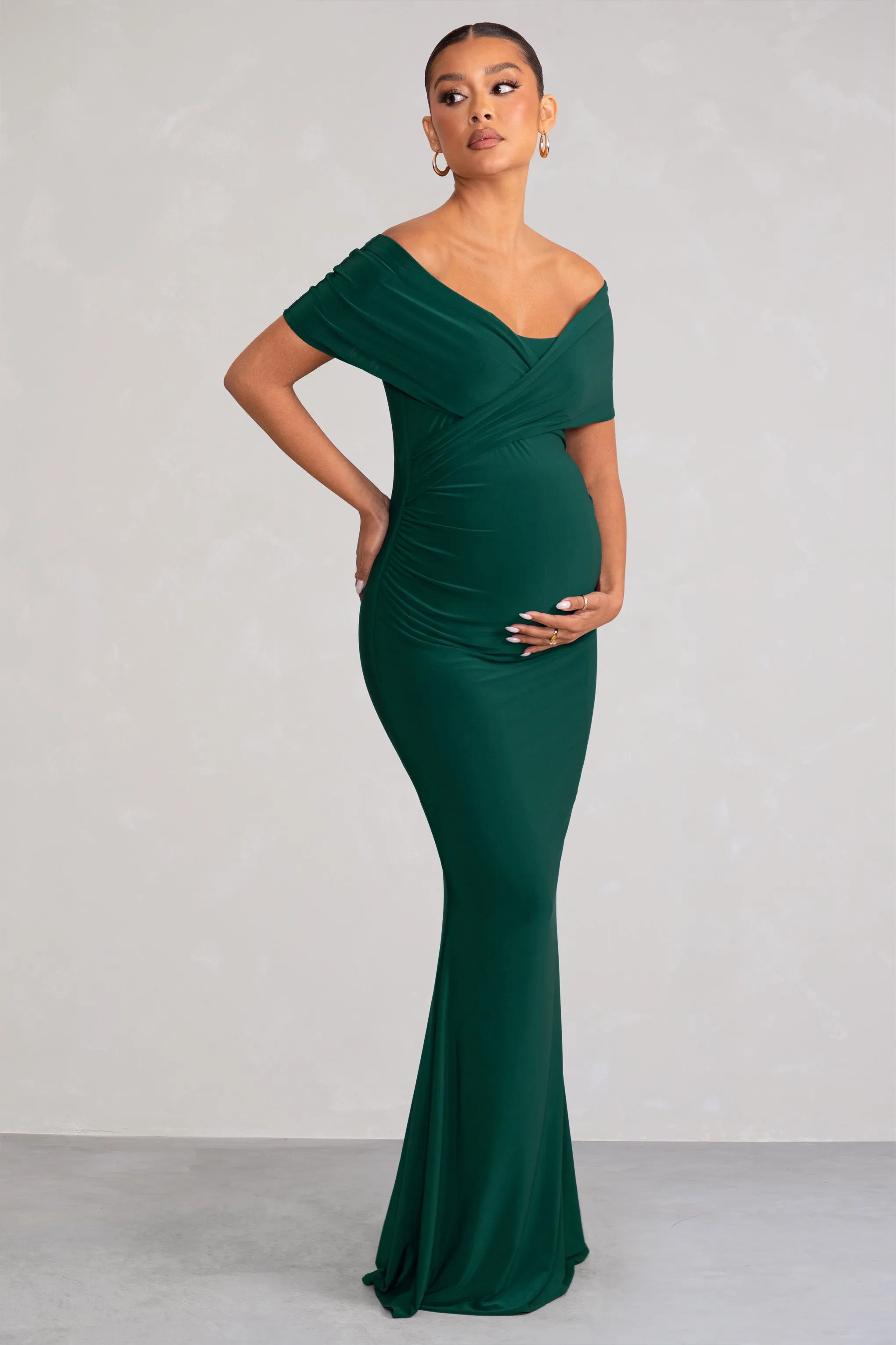 Amal | Bottle Green Bardot Wrap Neckline Maternity Maxi Dress