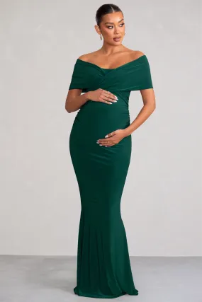 Amal | Bottle Green Bardot Wrap Neckline Maternity Maxi Dress