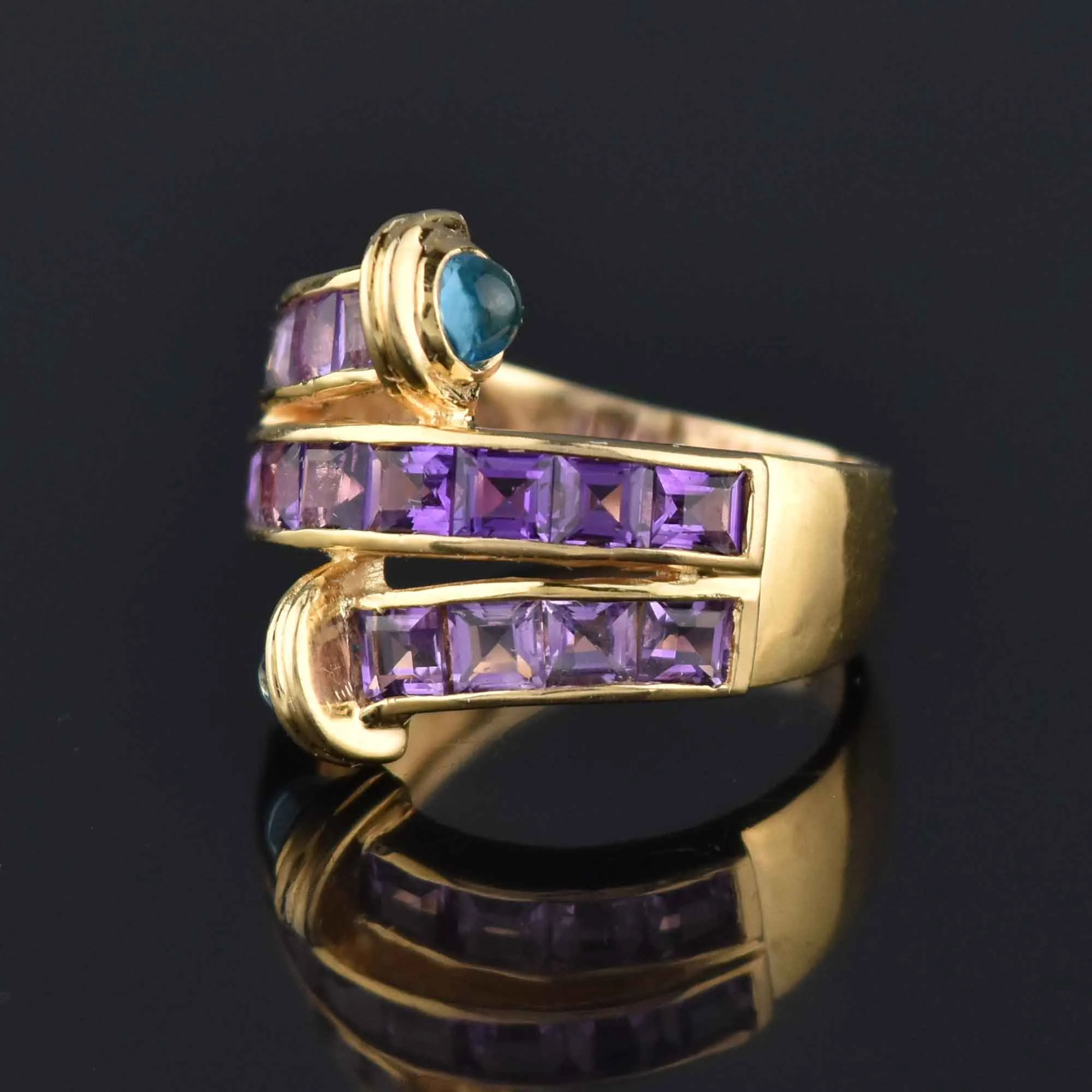 Amethyst Blue Topaz Cabochon Wrap Ring in 14K Gold