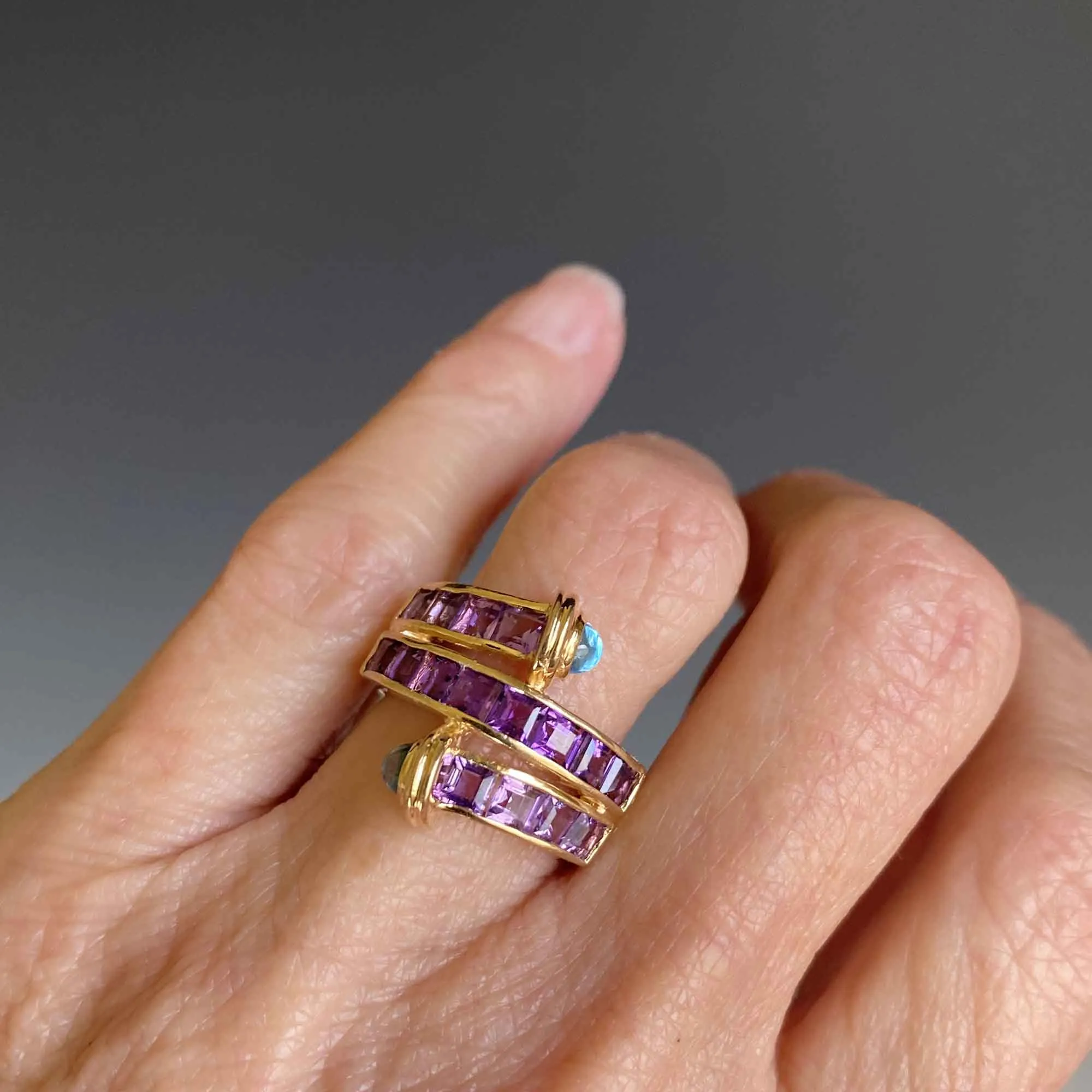 Amethyst Blue Topaz Cabochon Wrap Ring in 14K Gold