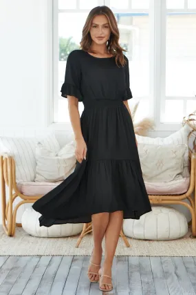 Artella Black Satin Frill Maxi Dress