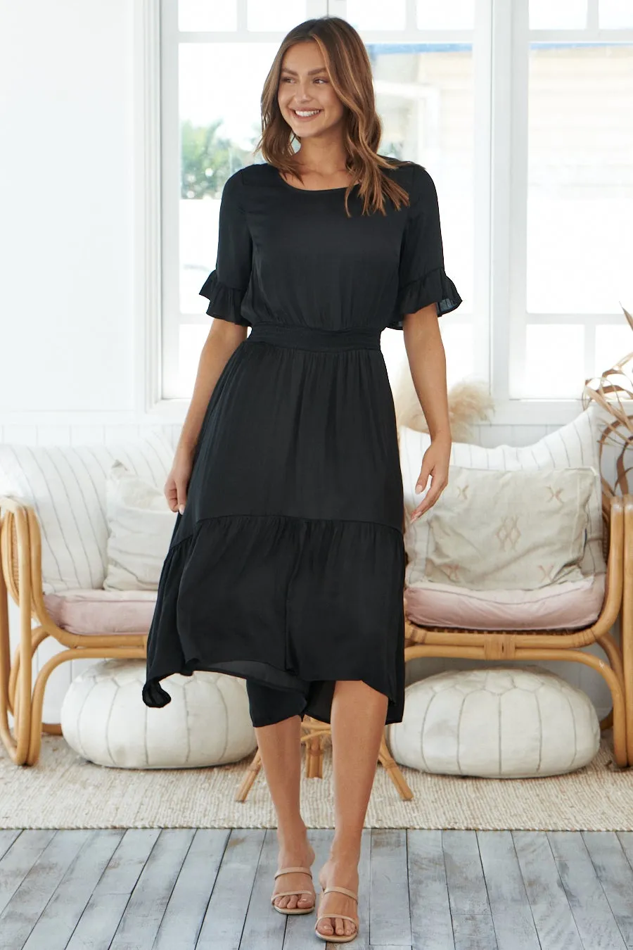 Artella Black Satin Frill Maxi Dress