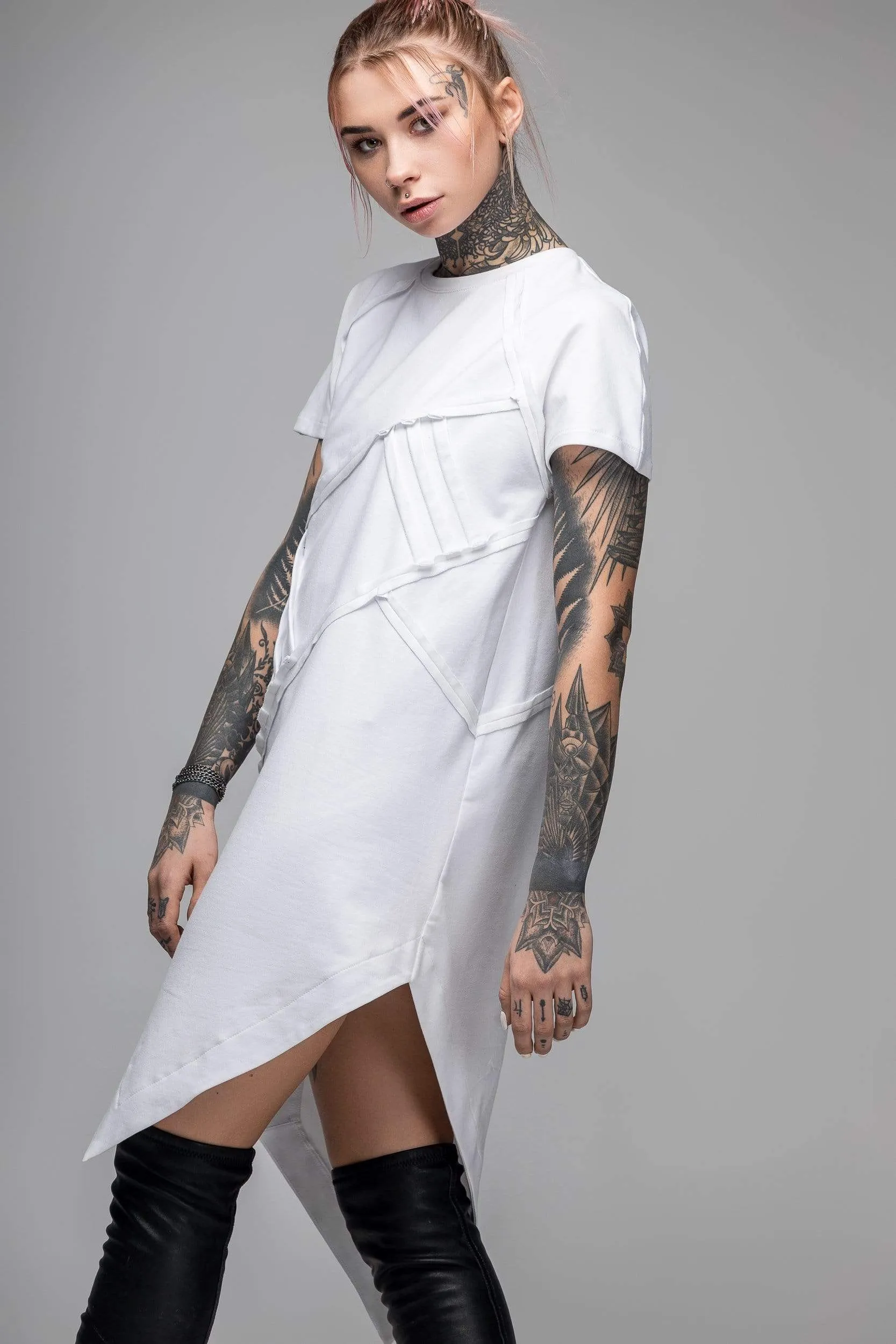 Asymmetric white T-shirt dress