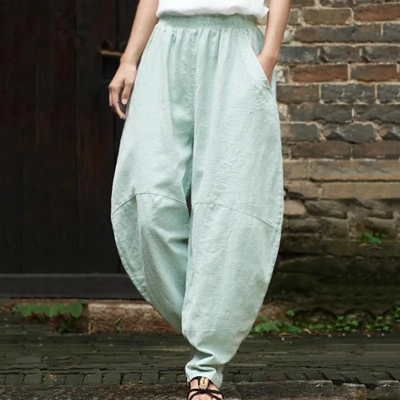 Babakud Solid Casual Loose Pockets Gathered Bloom Pants