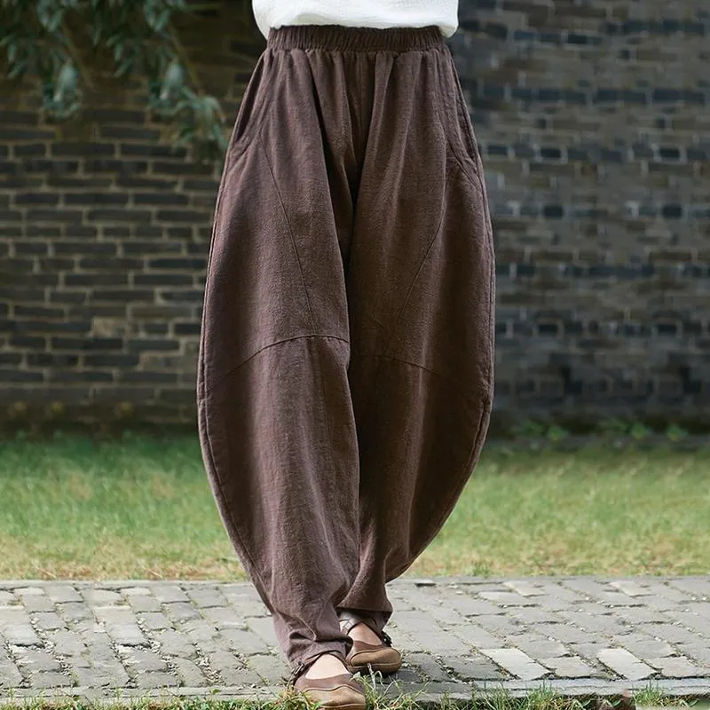 Babakud Solid Casual Loose Pockets Gathered Bloom Pants