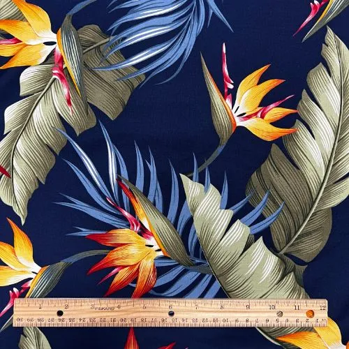 Birds of Paradise with Palm Leaf Fabric | Navy 0223 BLU-0003C