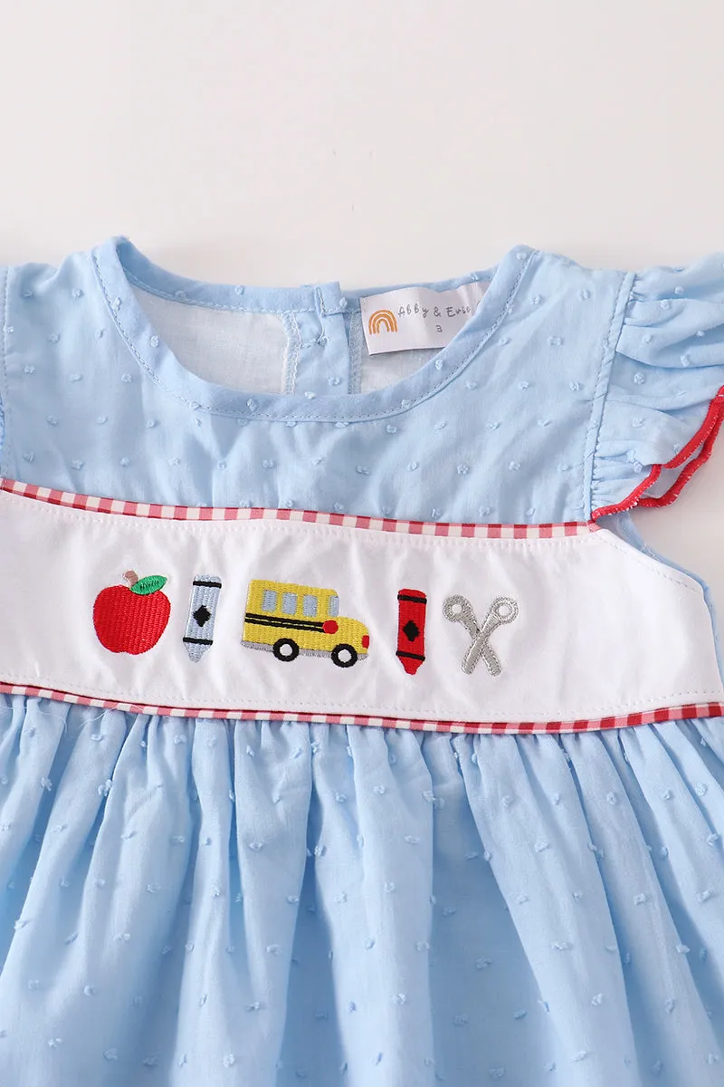 Blue apple embroidery swiss dot girl set