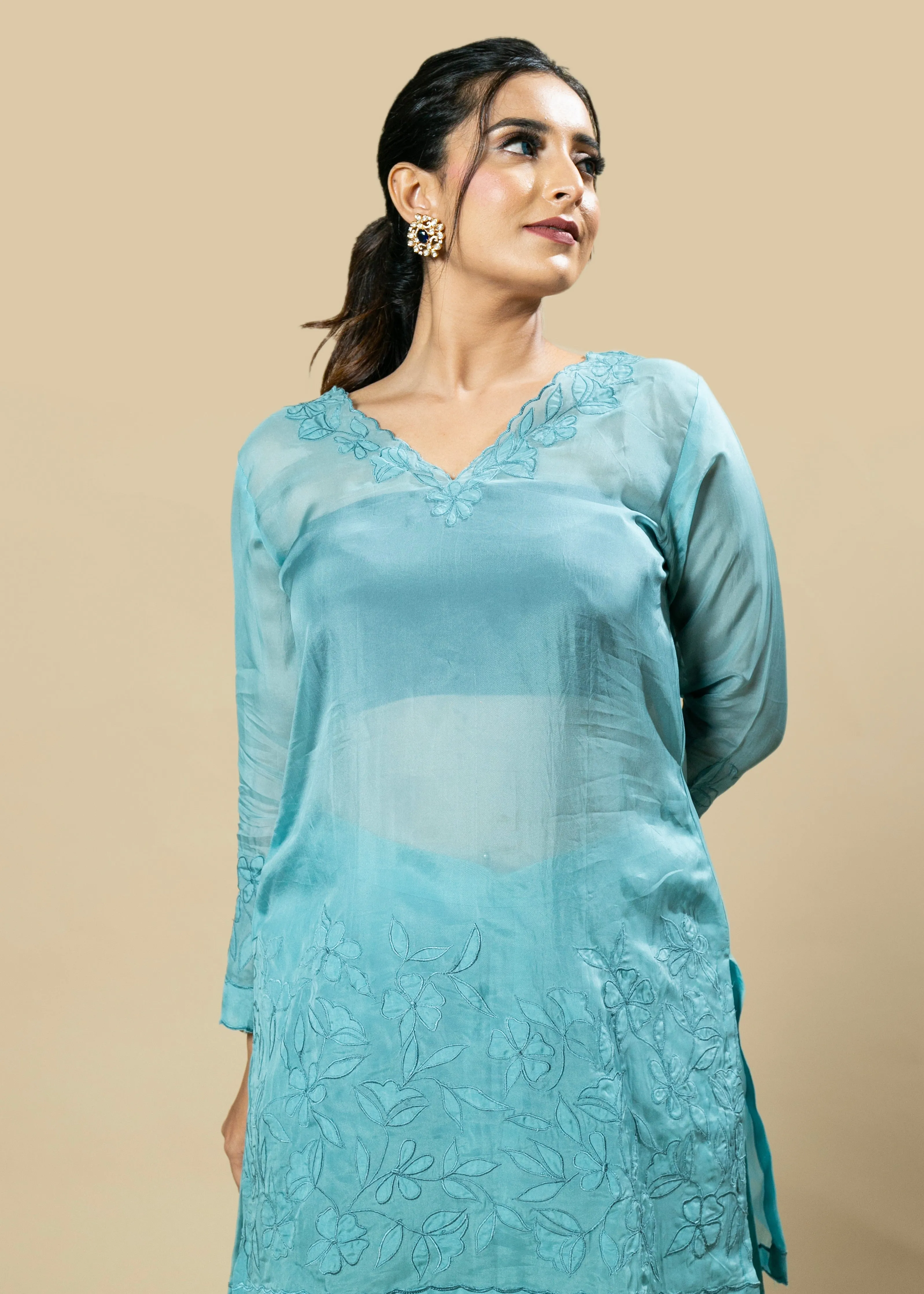 blue Georgette Organza Handcrafted Applique Kaftan Set