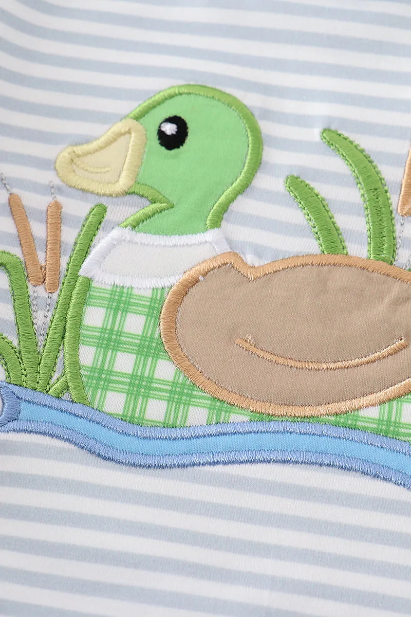 Blue stripe duck applique girl bubble