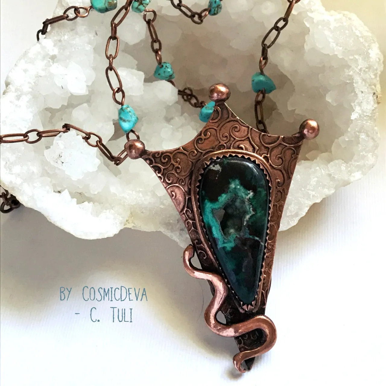 Botryoidal Chrysocolla Copper Snake Pendant Copper Necklace