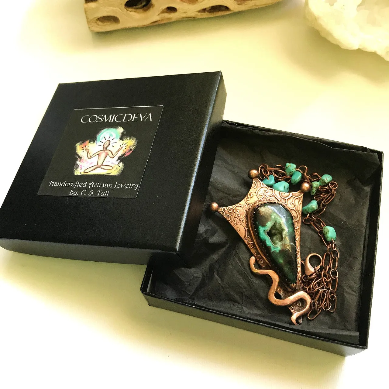 Botryoidal Chrysocolla Copper Snake Pendant Copper Necklace