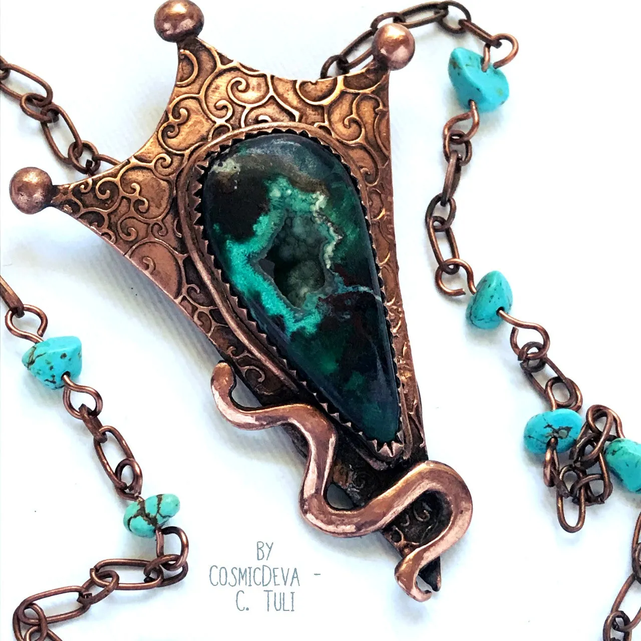 Botryoidal Chrysocolla Copper Snake Pendant Copper Necklace