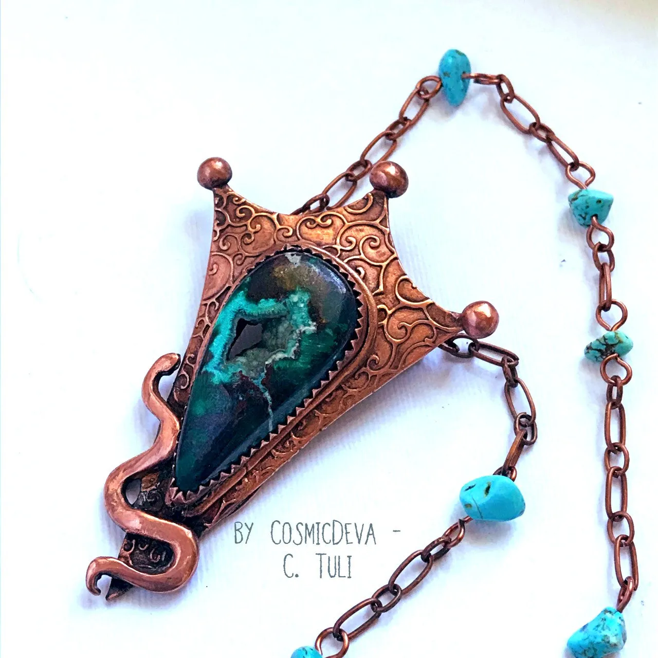 Botryoidal Chrysocolla Copper Snake Pendant Copper Necklace