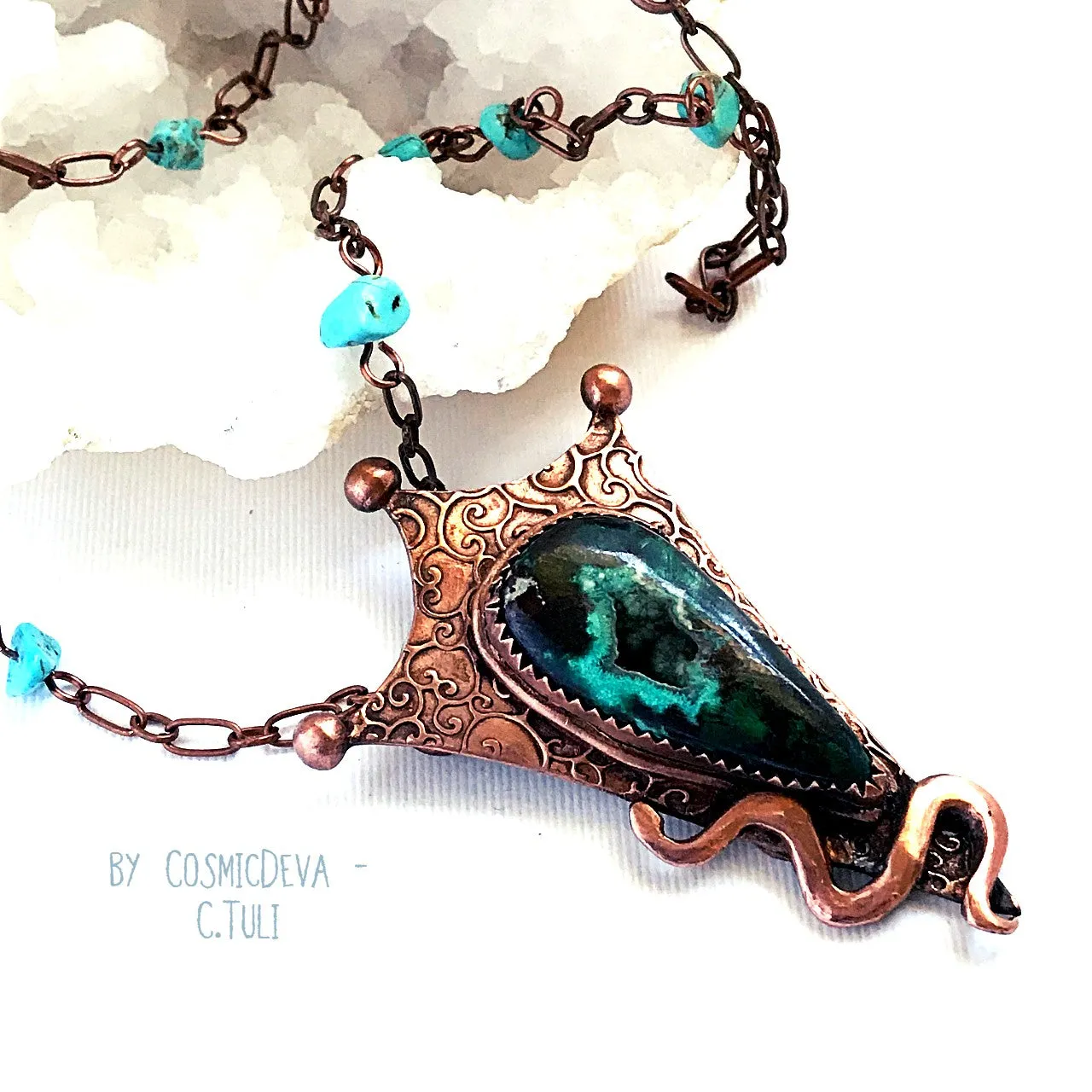 Botryoidal Chrysocolla Copper Snake Pendant Copper Necklace