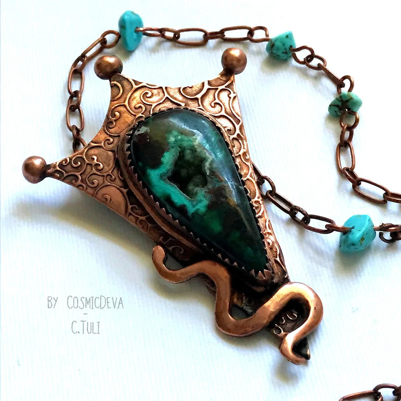 Botryoidal Chrysocolla Copper Snake Pendant Copper Necklace