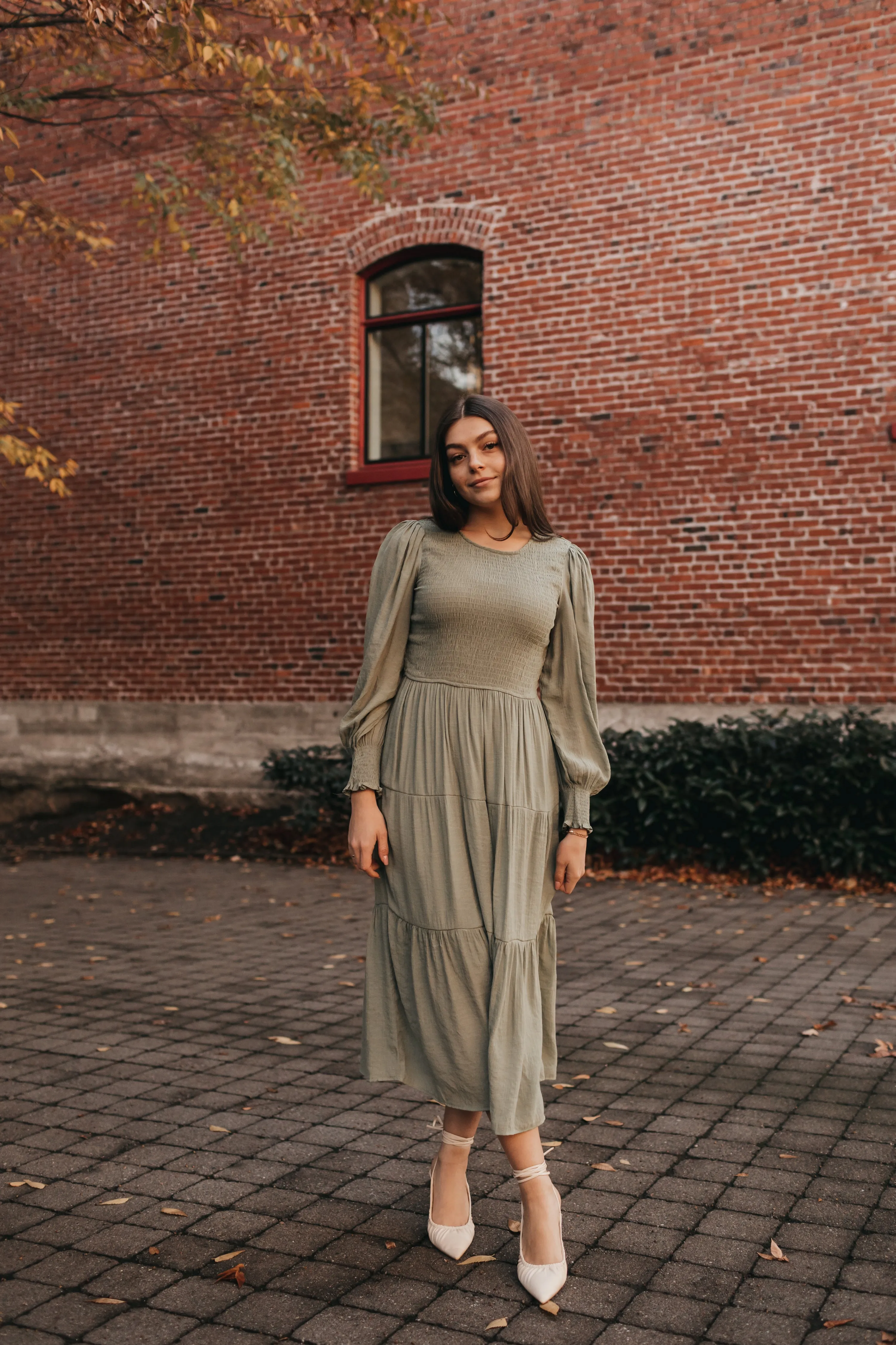 Charlotte Smocked Dress in Olive