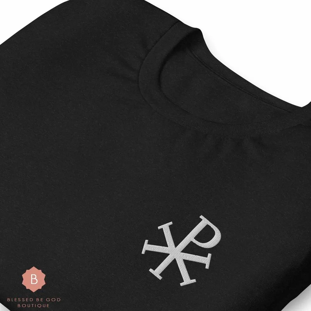 Chi-Rho Men's Catholic tee, Embroidered t-shirt