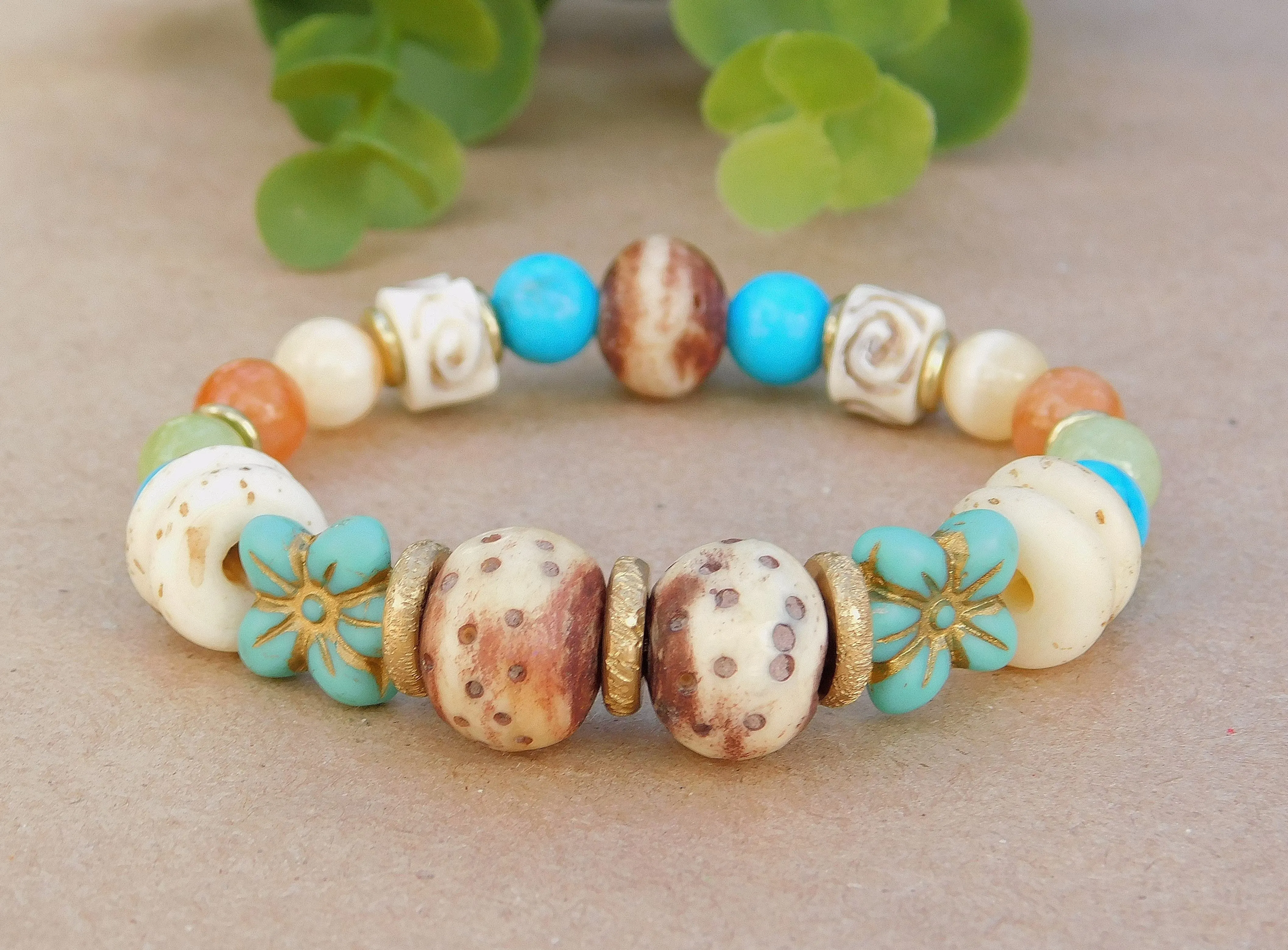 Colorful Agate and Turquoise Flower Bracelet