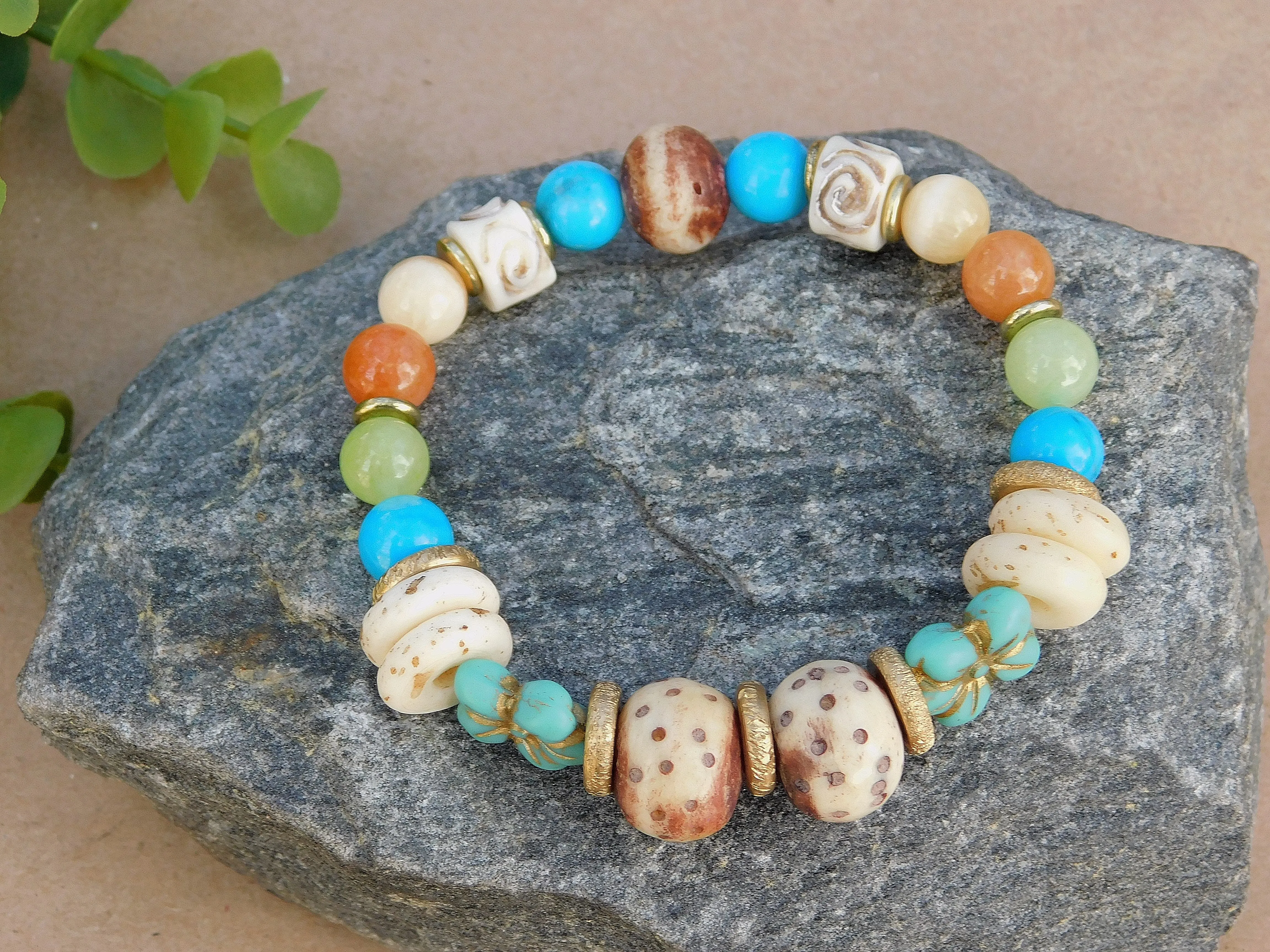 Colorful Agate and Turquoise Flower Bracelet