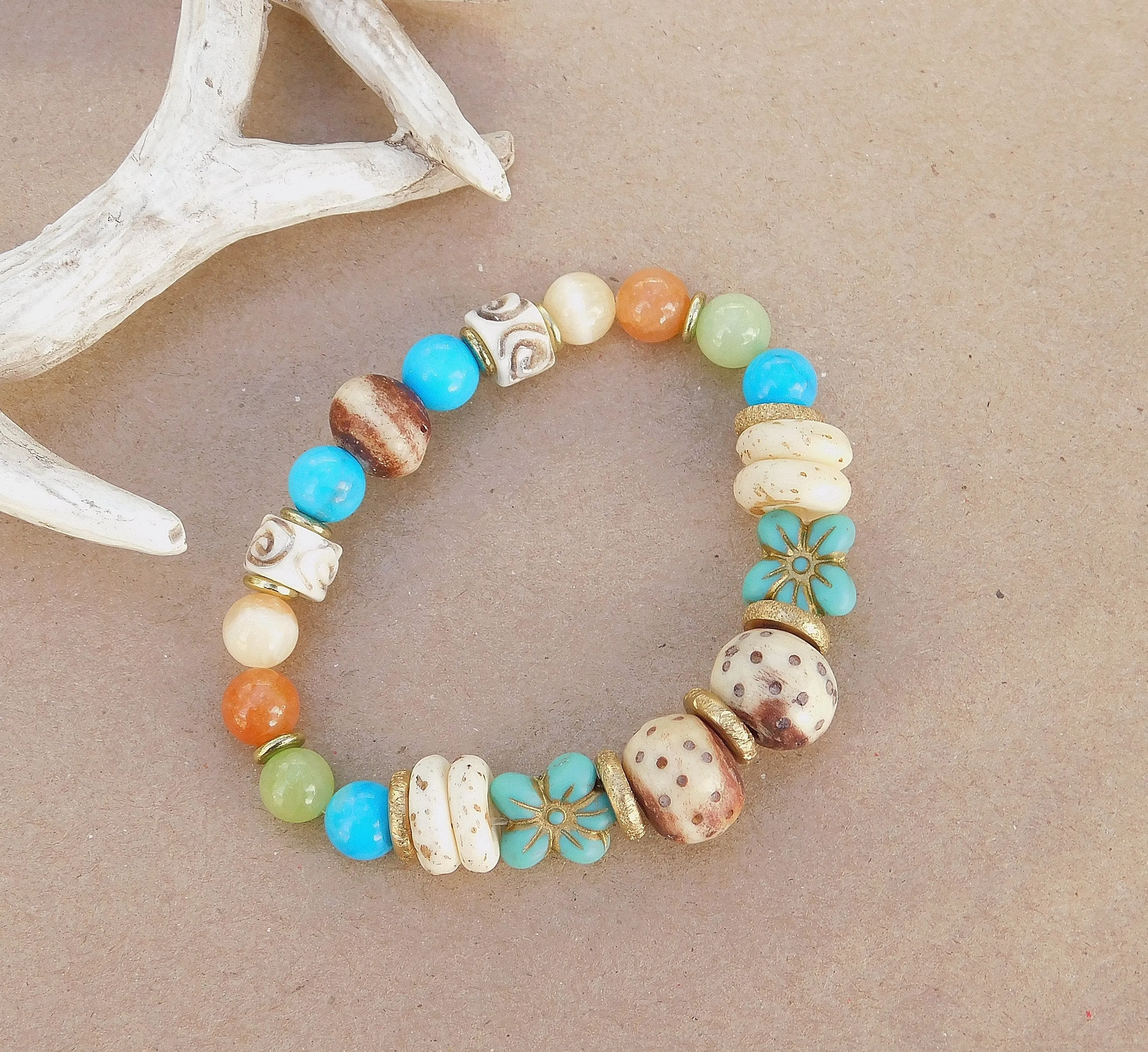 Colorful Agate and Turquoise Flower Bracelet