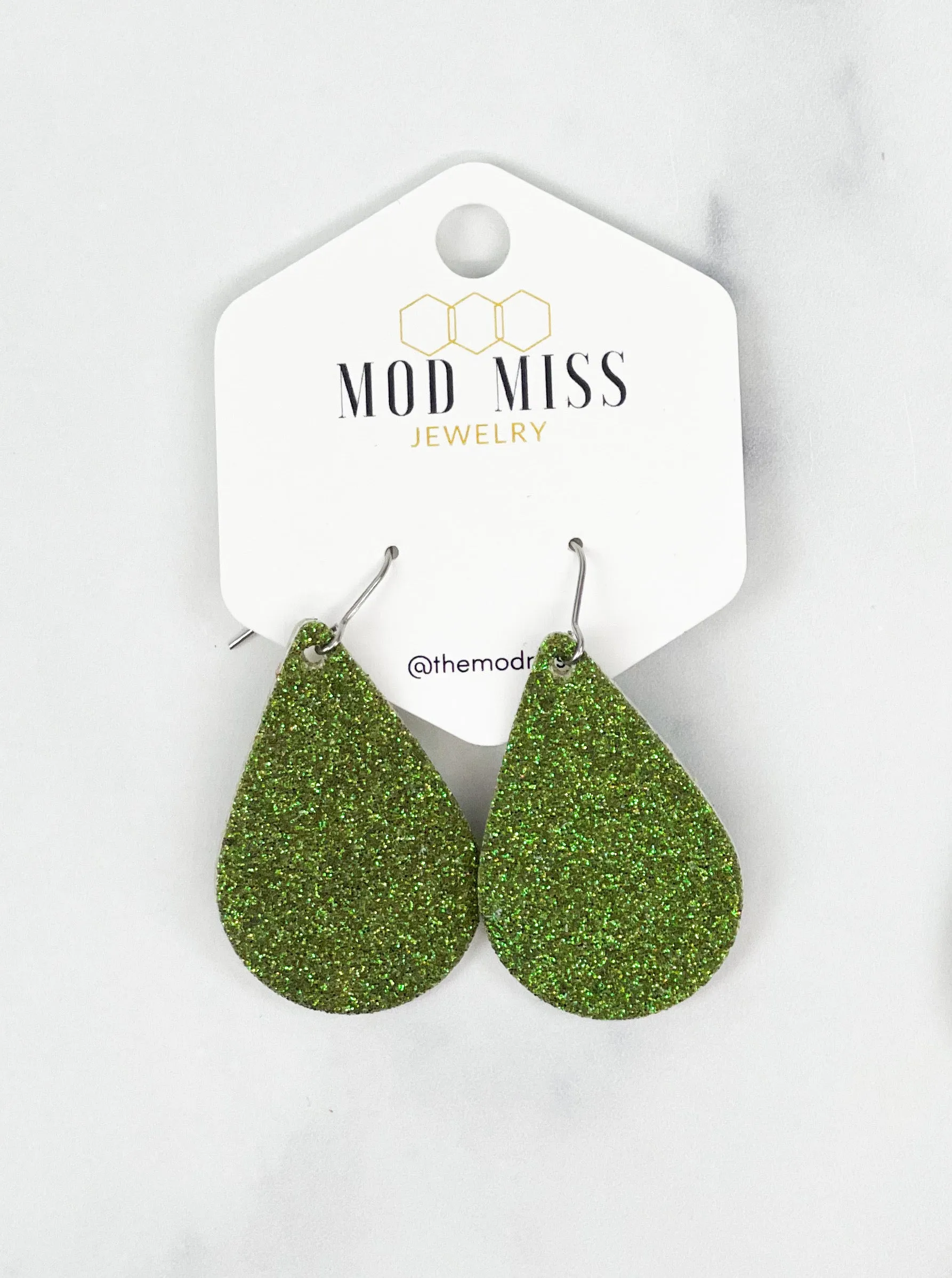 Cork Leather Teardrop Earring Fine Glitter Olive Green