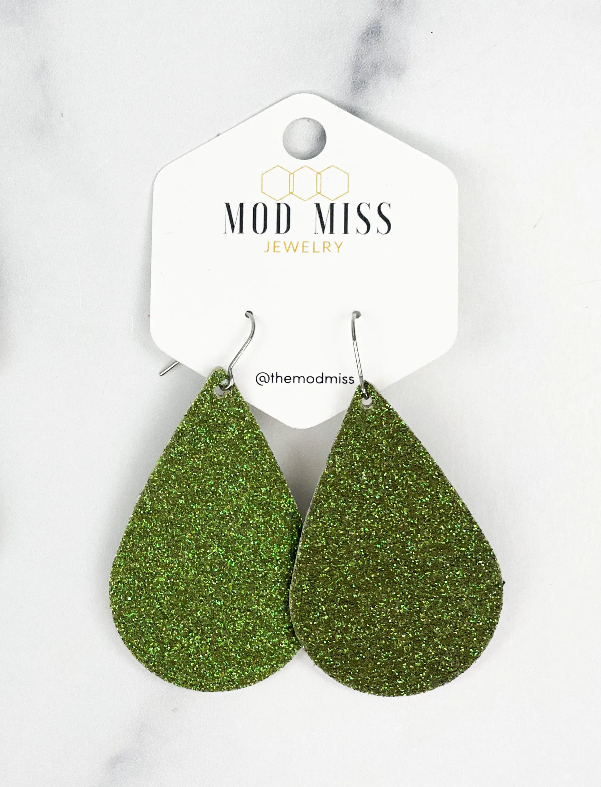 Cork Leather Teardrop Earring Fine Glitter Olive Green