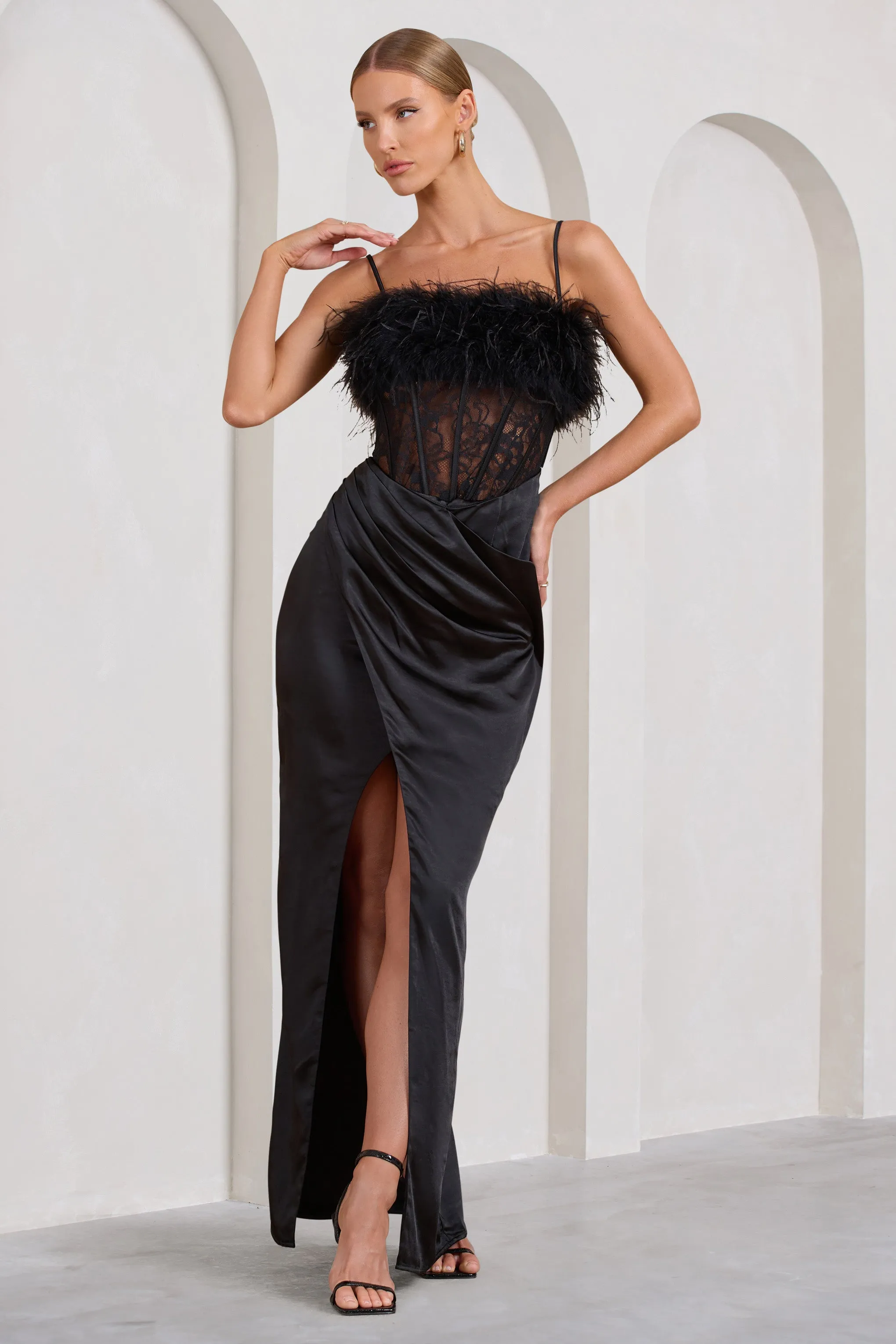 Countess | Black Lace Corset Maxi Dress With Feather Trim