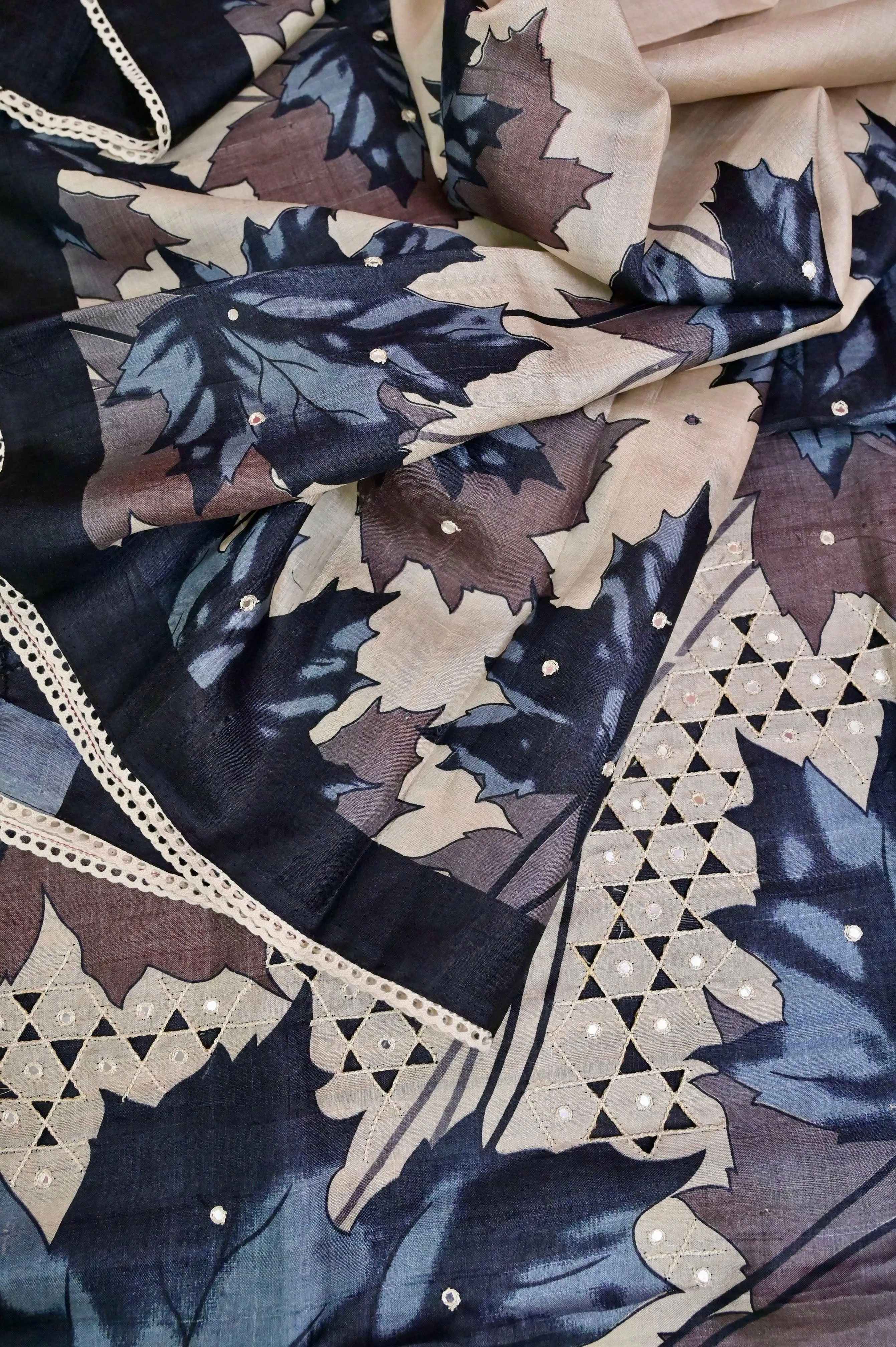 Cream and Multicolored Tussar Silk with Digital Print and Cutwork with Lace Border