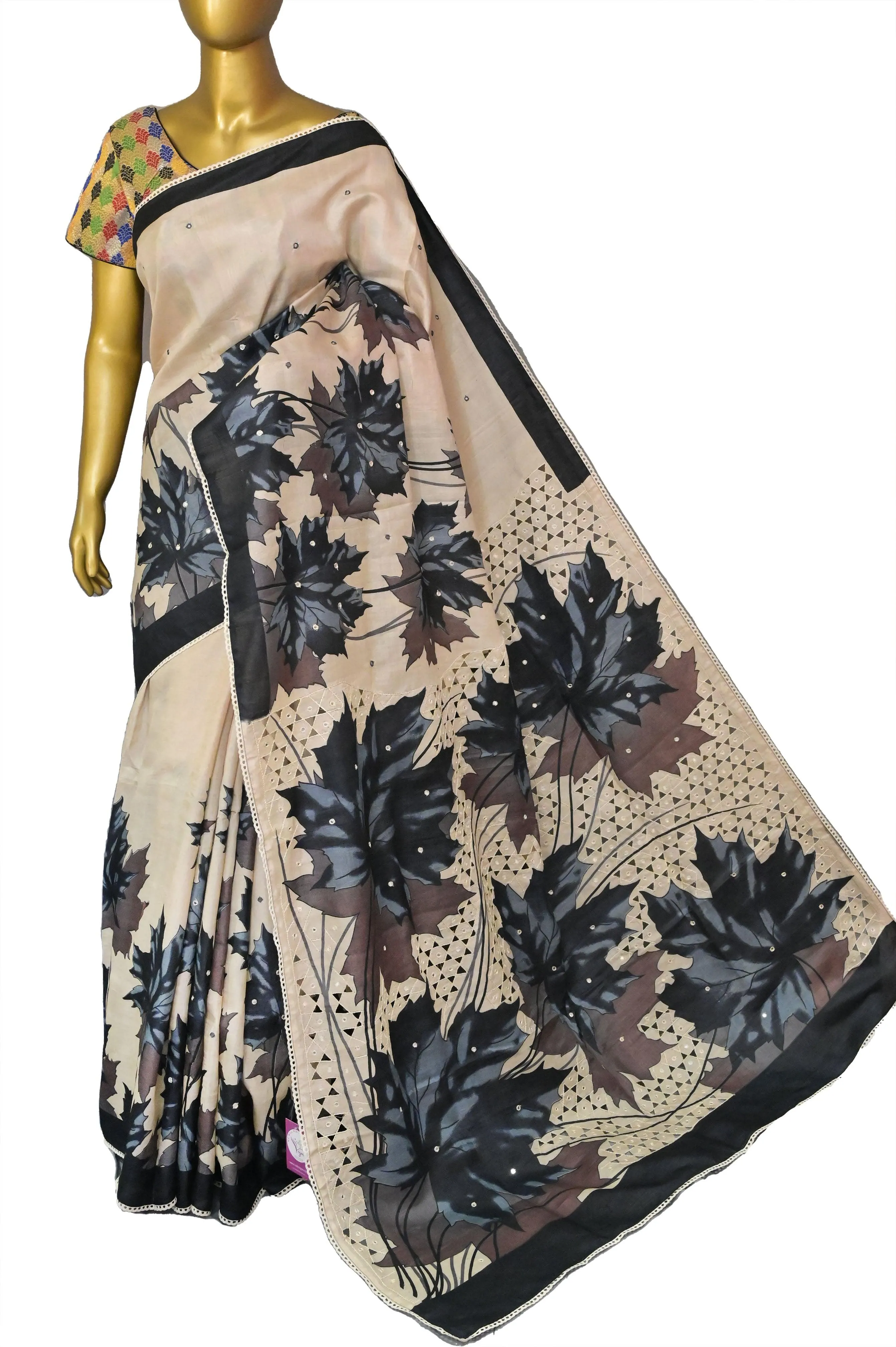 Cream and Multicolored Tussar Silk with Digital Print and Cutwork with Lace Border