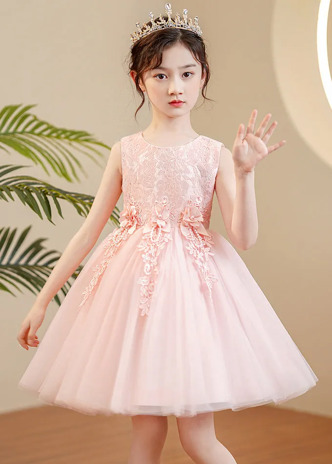 Cute Pink O-Neck Floral Pearl Tulle Girls Maxi Dress Sleeveless XZ049