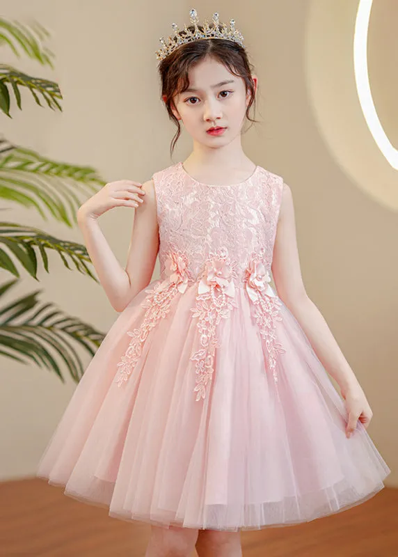 Cute Pink O-Neck Floral Pearl Tulle Girls Maxi Dress Sleeveless XZ049