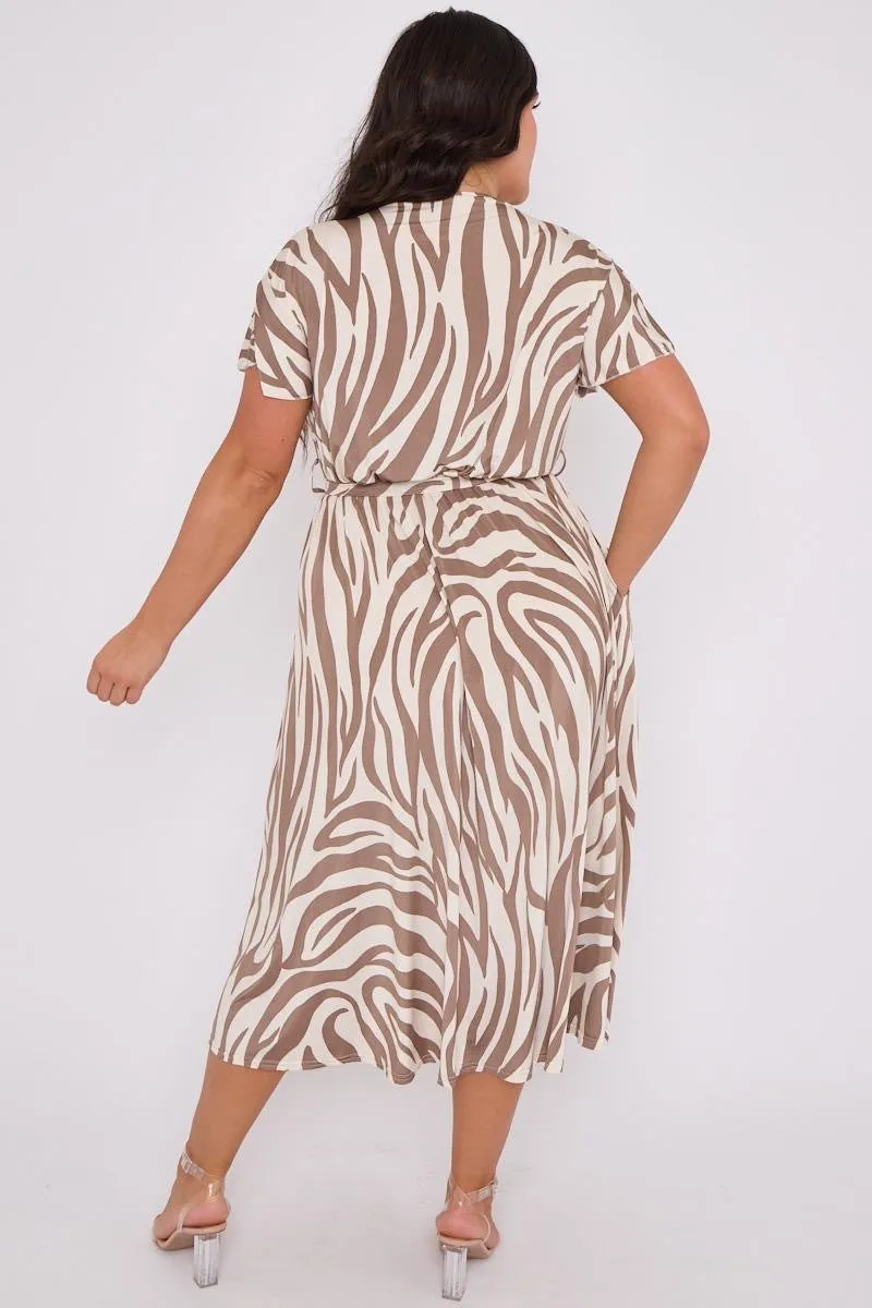 Dani Faux Wrap Dress in Brown and Cream Zebra Print