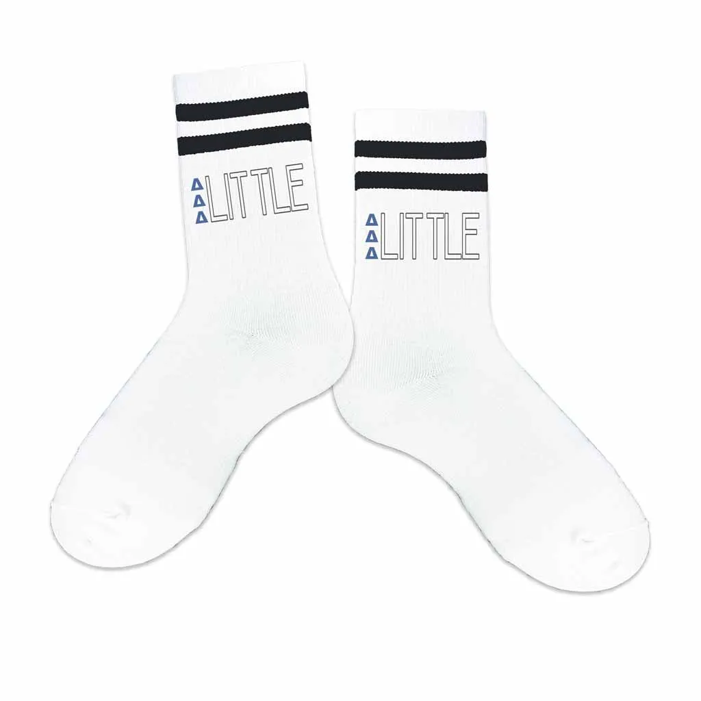 Delta Delta Delta Sorority Socks for your Big and Little with Greek Letters on Striped Cotton Crew Socks