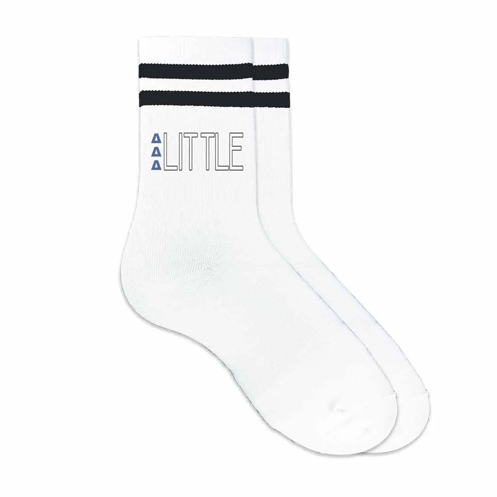 Delta Delta Delta Sorority Socks for your Big and Little with Greek Letters on Striped Cotton Crew Socks