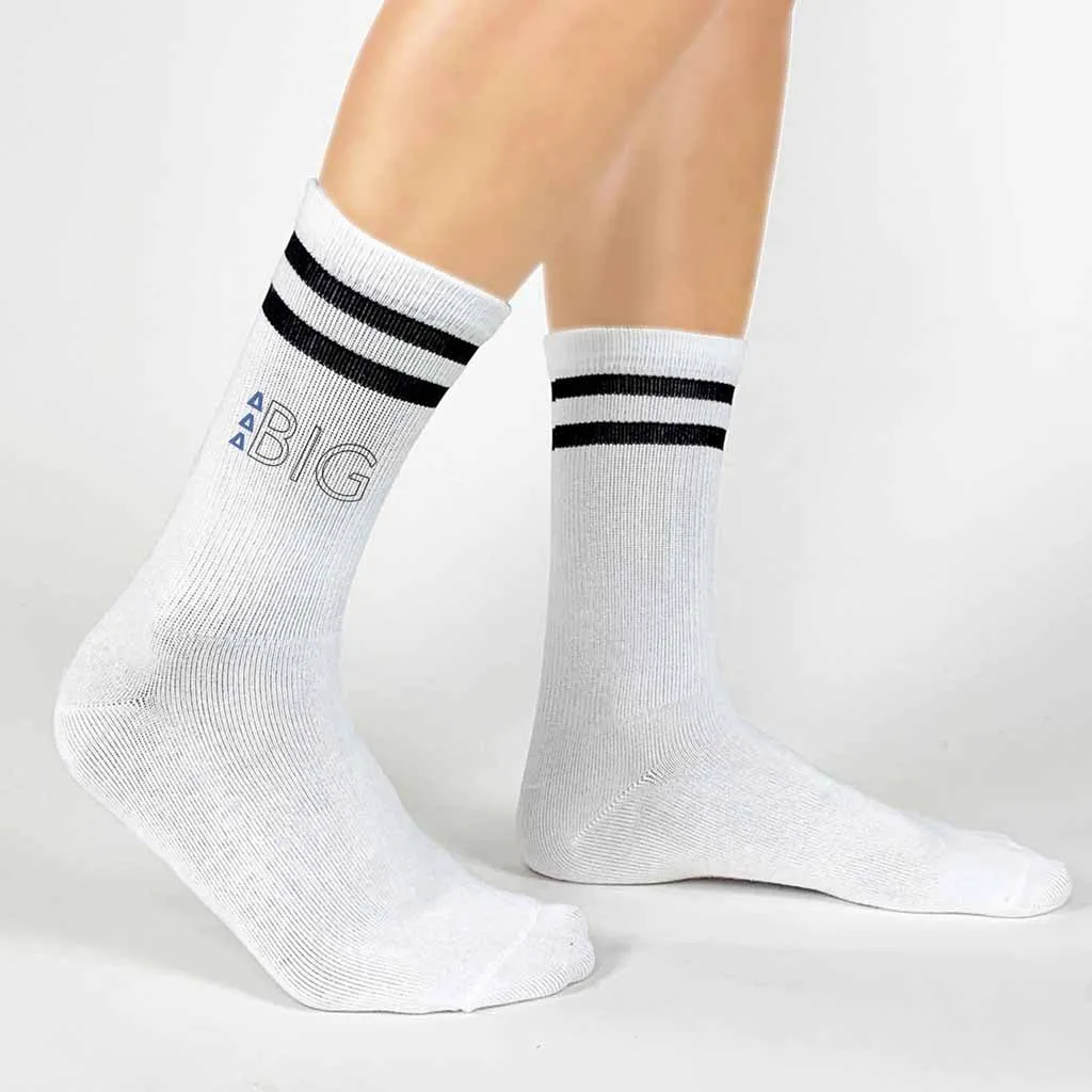 Delta Delta Delta Sorority Socks for your Big and Little with Greek Letters on Striped Cotton Crew Socks